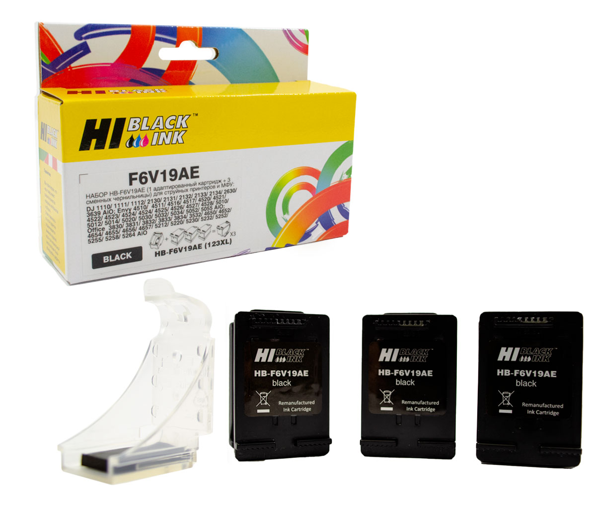 Набор Hi-Black (F6V19AE) №123 (1 адапт. картридж+ 3сменных чернильницы) для HP DJ2130, Bk